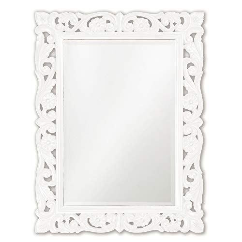 Howard Elliott Collection Chateau Rectangular Wall Mirror, Ornate Scroll Frame with Beveled Glass, Decorative Accent Mirror, Ready to Hang Vertical or Horizontal, 42H x 31.5W x 1.75D, Glossy White