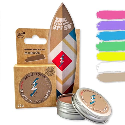 Barreltopia Protector Solar Facial SPF 50 + Zinc Crema Surf Colores - Bloqueador Solar Facial 50 - Sun Zapper Waterproof Eco Natural (Marrón)