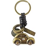 Chaveiros, Chaveiro Fusca Vintage em Bronze e Couro DT1912 com Mensagem 'I feel about you makes my heart lone to be free', Tamanho Compacto para Chaves, Bolsas e Mochilas