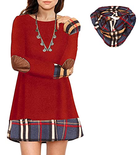 Alaster Women's Casual Sweater Tunic Dress Long Sleeve Plaid Patchwork Sweater Dress 2piece for Women Red