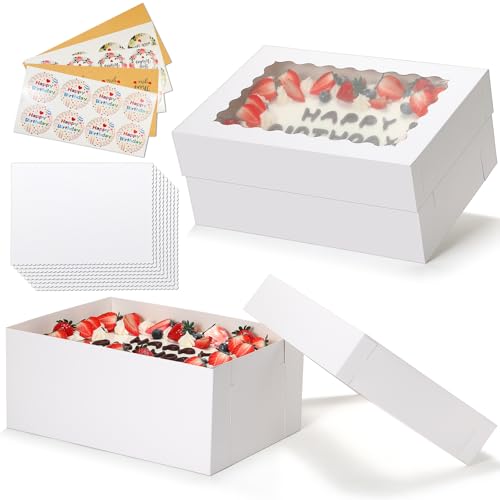 COTOPHER 14x10x6 In Sheet Cake Boxes, 16 Pcs White Bakery Boxes with Large Window (8 Boxes & 8 Boards), Cake Containers for Quarter Cakes, Donuts, Cupcakes, Brownie, Pastry & Pies Packaging