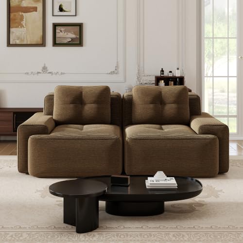 Image of 82 inch Modern Modular Boneless Couch for Living Room, 2 Seat, Soft Corduroy Fabric, Deep Seat Cloud sectional Sofa with Pearl Like Piping and Tufted Design, No Assembly, Anti Slip, Brown