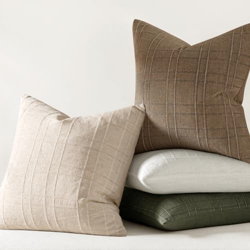 Image of MIULEE Decorative Linen Check Euro Shams Throw Pillow Covers Neutral Farmhouse Vintage Pillow Covers 26x26 Set of 2 Boho Modern Home Decor for Sofa Couch Bedroom Cushion Natural Beige
