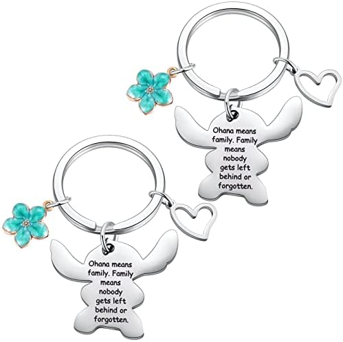 Ralukiia Ohana Means Family Keychain Set for 2, Stitch Keyring Jewelery Gifts for Boys Girls, Green Flower