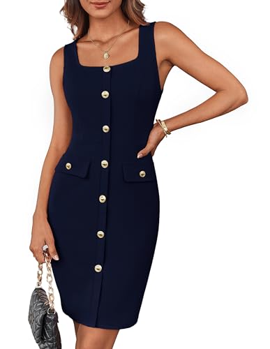 Image of GRACE KARIN 2025 Women's Buttons Belted Square Neck Business Work Dress Sleeveless Bodycon Midi Dress
