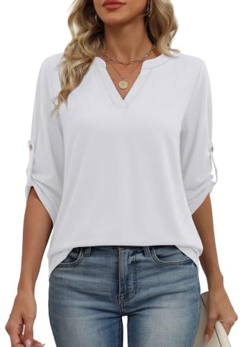 Image of XIEERDUO 3 /4 Length Sleeve Womens Tops V Neck T Shirts Both Side Buttons Blouses Business Casual Outfits Loose Fit