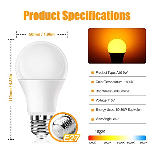 Image of Neporal Amber Sleep Light Bulbs 1800K 3PK, 9W 60 Watt Equivalent, 99.96% Blue Blocking Soft Warm Light Bulbs A19, Amber Night Light E26 for Bedroom and Baby Nursery Light