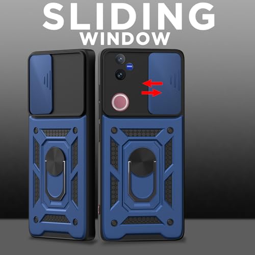 Image of Outlouders Back Cover for Vivo V50 5G | D10 Tough Armor 360 Protection Case with Sliding Camera Shield & Ring Holder Stand Bumper Case (Blue)