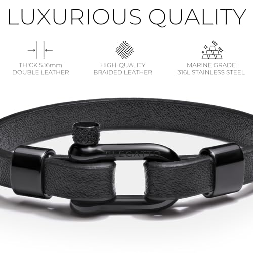 Elegatto Morelle Premium Leather Bracelet for Men | Full-Grain Black Leather with Silver Polished Stainless Steel Shackle Closure | Men’s Designer Jewelry3