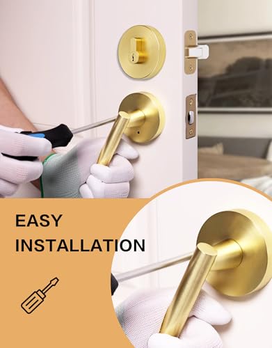 Image of Lethato Gold Door Handle and Deadbolt Set, Heavy Duty Front Door Lock Set, Exterior Door Lever Single Keyed Round Deadbolt Lock (2 Pack)