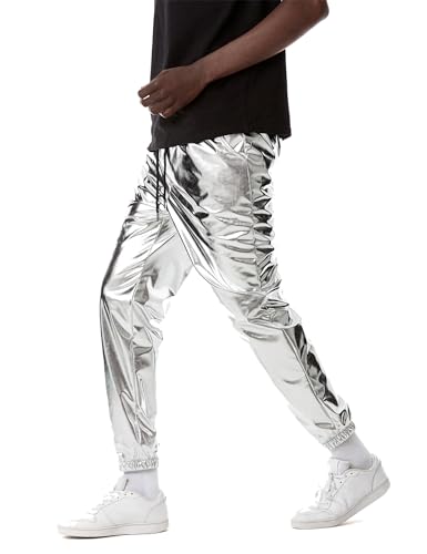 ZEROYAA Mens Metallic Shiny Sweatpants Disco Party Elastic Trousers3