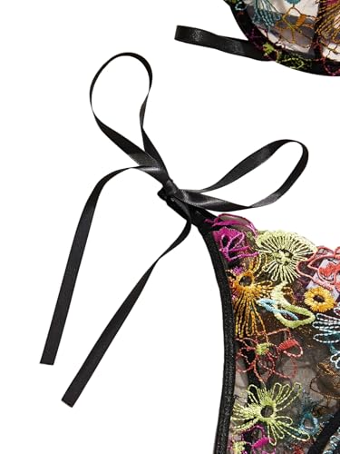 Image of Lilosy Sexy Tie Side Cute Underwire Push Up Strappy Embroidered Mesh Sheer Lingerie Set