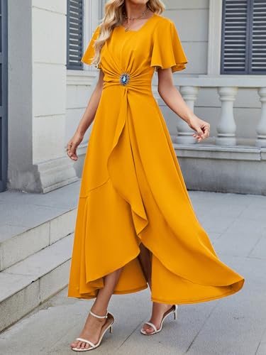 Image of QMZ Wedding Guest Dresses for Women V Neck Cocktail Dress Ruffle Sleeve A Line Evening Party Formal Dresses for Women