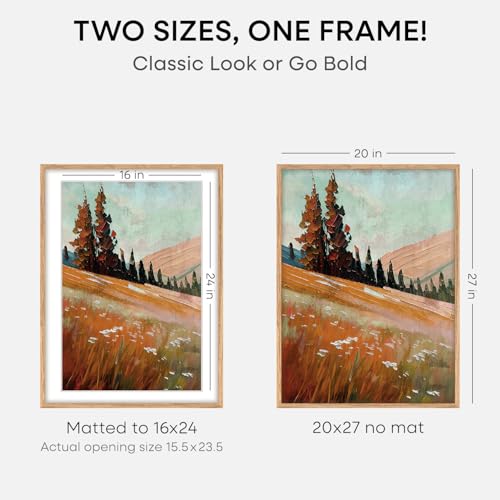 Image of Homeforia 20x27 Picture Frame Natural Wood, High End Oak 20x27 Light Wooden Poster Frame with Mat 16x24, 20 x 27 Frames Matted to 16 x 24 Photo, 27x20 Hanging Frame, Tempered Glass, Wall Kit, Set of 2