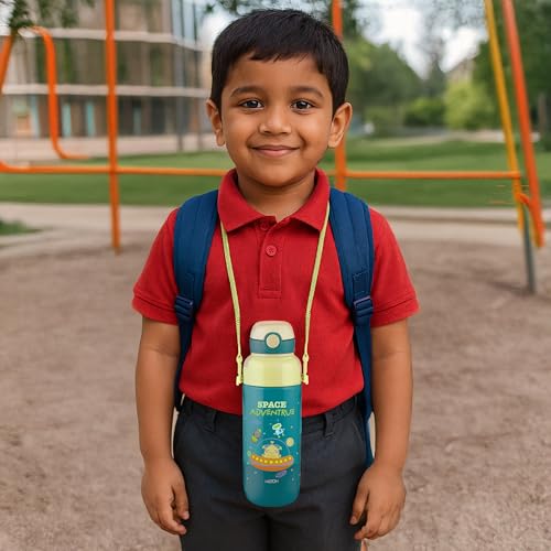 Image of Milton Steel Indus 600 Thermoware PU Insulated, 500 ml Water Bottle with Straw for Kids, Leak Proof Flip Top Sipper Lid Bottle, School, Picnic, Easy to Carry Belt, Dark Green