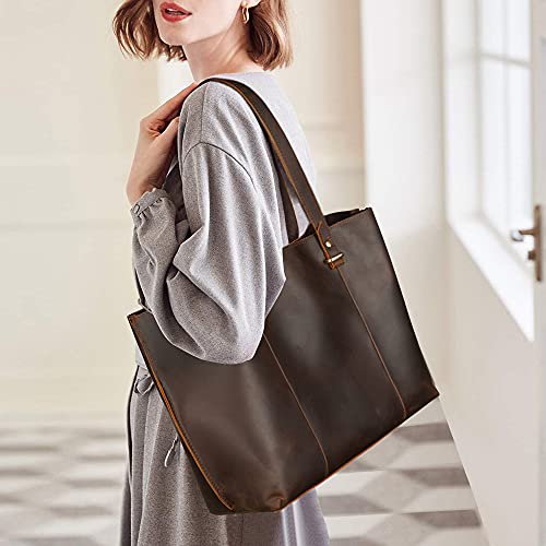 Image of TIDING Full Grain Leather Tote Bag for Women Vintage Work Totes Shoulder Bag Ladies Business Travel Purses Handbags