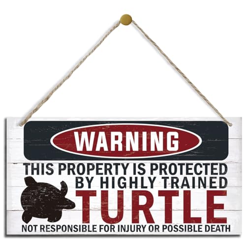 Funny Warning Signs, The Property is Protected By Highly Trained Turtle Sign, Decorative Wood Hanging Wood Plaque, House Door Sign, Farmhouse Wall Decor for Home Office, Indoor/Outdoor Use