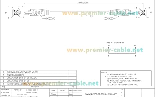 Image of Mini-Fit Jr. 4.2mm 4 Pin Female to Female Receptacle OTS Overmolded Cable Dual Row 4 Circuits Power & Signal Cable Compatible with 39-01-2040, 2451350420 (5PCS, 2M /6.6FT)