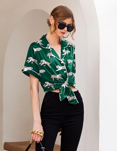 Image of Ekouaer Silk Pajamas for Women Short Sleeve Sleepwear Soft Button Down Loungewear 2 Piece Satin Pjs Shorts Set