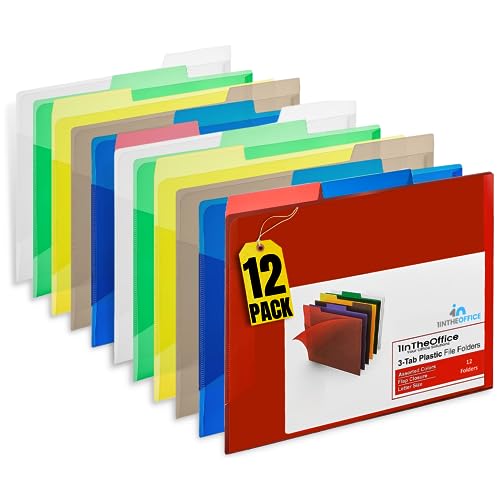 1InTheOffice Plastic File Folders, Poly File Folders, Translucent Poly File Folders, 1/3-cut, Top Tabs, Letter Size, Assorted, 12/Pack