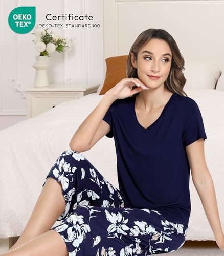 Image of NACHILA Bamboo Viscose Pajamas for Women Lace V Neck Capri Pants Pjs Set