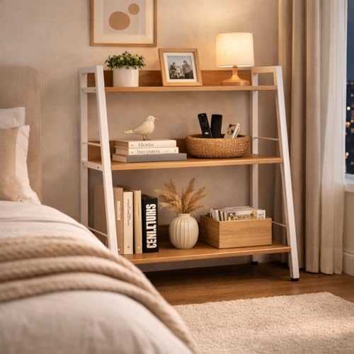 Image of Ladder Shelf, 3 Tier Bookshelf, Small Bookshelf for Small Spaces, Wood and Metal Bookcase, Ladder Bookshelf, Modern Storage Shelf for Living Room and Office (White, Ladder)
