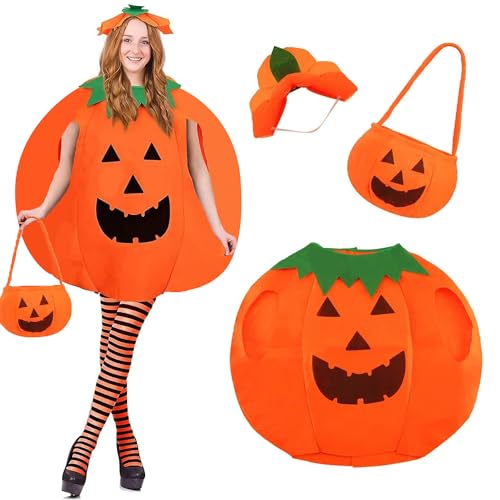 DERAYEE Kürbis Kostüm Damen 3PC Kürbis Kostüm Erwachsene Mit Kürbishut Candy Bag Overknee Socken Kürbislaterne Halloween Kostüm Damen Karneval Party