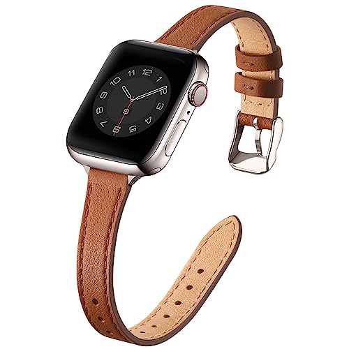 Image of STIROLL Slim Leather Bands Compatible with Apple Watch Band 38mm 40mm 41mm 42mm 44mm 45mm 49mm, Top Grain Leather Watch Thin Wristband for iWatch Ultra SE Series 8 /7 /6 /5 /4 /3 /2 /1 (Brown with Starlight,