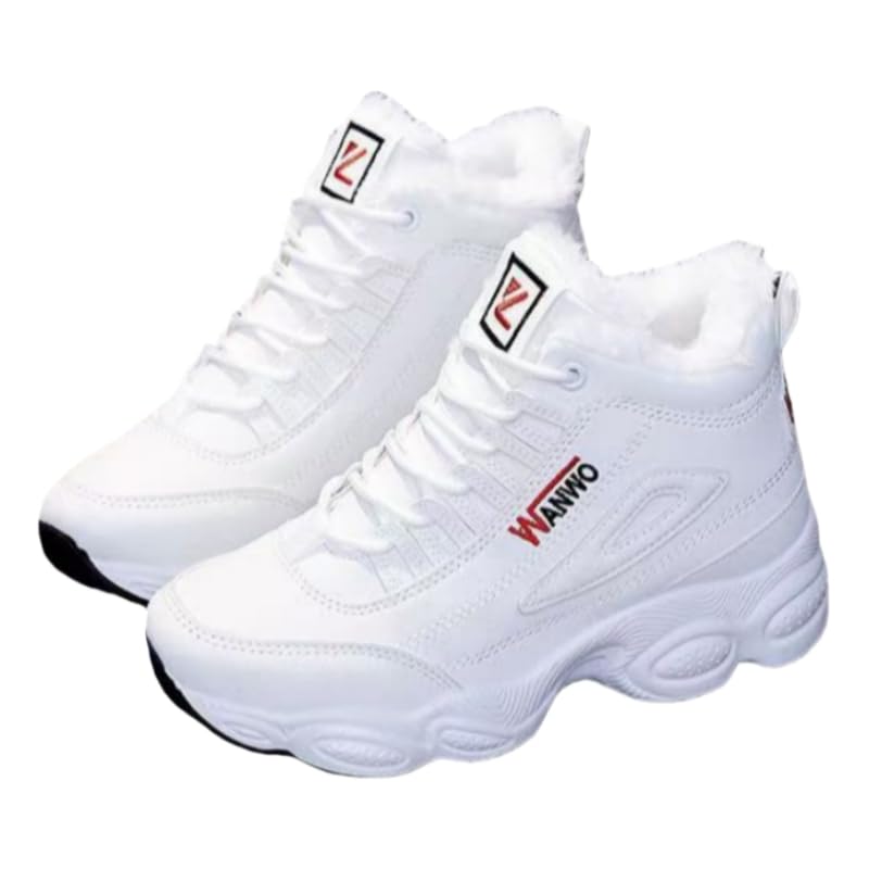 Womens fashionable short boots - thick-soled lace-up round-toe high-top cotton shoes - artificial plush lining - rubber sole