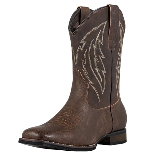J's.o.l.e Cowboy Boots for Men Western Boots with Wide Square Toe Mid-Calf Boots Classic Embroidered Pull On Slip Resistant Boots Brown