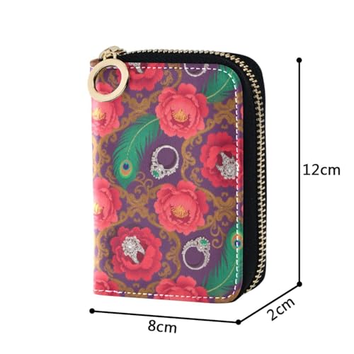 Women's Red Flowers Floral Peacock Feather Credit Card Holder Wallet Leather Zipper Card Case for Ladies Girls 203005782