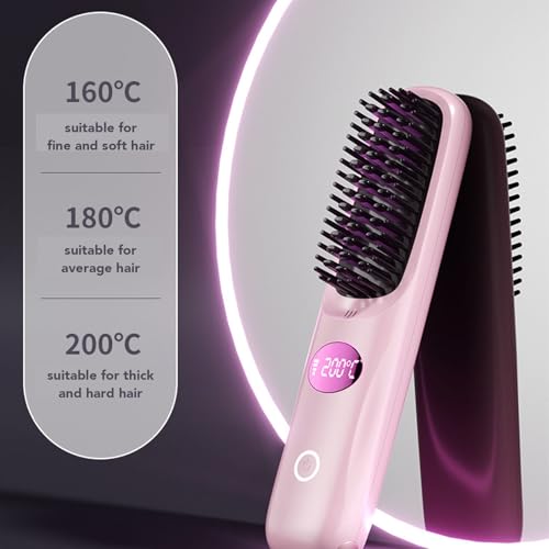 Plancha de pelo inalámbrica con peine, calentamiento rápido, recargable por USB, con pantalla LCD y distribución uniforme del calor, para viaje y uso diario (rosa) miniatura 4