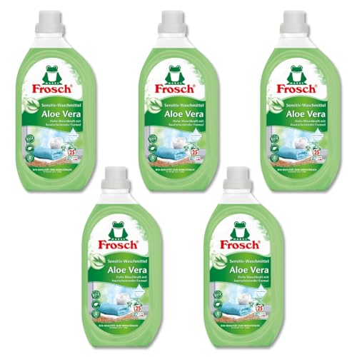 Frosch 5 x Sensitiv-Waschmittel Aloe Vera Vorratspackung hohe Waschkraft für alle Textilien von 20 bis 95C Vorteilspack mit 125 Waschladungen hautfreundliche Rezeptur mit Aloe Vera-Auszügen