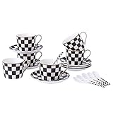 Porlien Checker Pattern 8-ounce Teacups and Saucers Set of 6, Coffee Cups Set Without Rack)