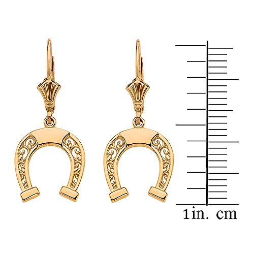 Certified 10K Yellow Gold Horseshoe Filigree-Style Leverback Earrings #TOP1