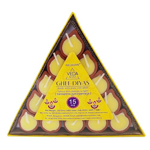 Image of Welburn Veda&Co Pure Cow Ghee Diya 15 pcs for Puja & Diwali Decoration | Upto 50-55 Burn time | Smoke Free | Diyas for Pooja Havans & Religious Rituals,Festivals | Ready to use