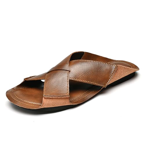 Men's leather fashion casual slides sandals, comfortable lightweight non-slip soft bottom slide sandals summer outdoor leisure beach sandals，Premium leather slides2