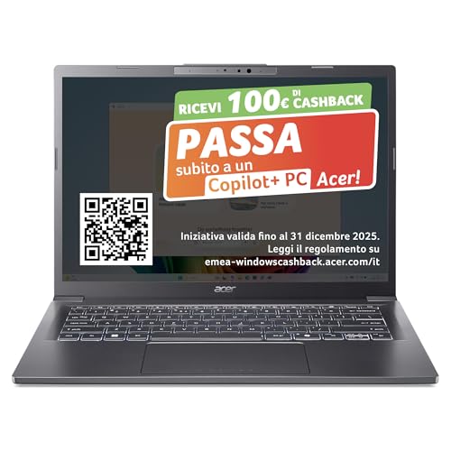 acer Aspire 14 AI Laptop | Display 14” WUXGA OLED | Intel Core Ultra 5-226V | 16 GB RAM | 512 GB SSD | Copilot+ PC | Windows 11 | QWERTY | PC Portatile IA