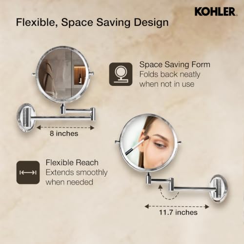 Image of Kohler Lison Detailing Mirror with 2x Magnification | Wall Mounted Round Mirror | Swing-out Extendable Frame | Double Sided Mirror for Shaving, Makeup | 3 Years Warranty, 180 mm