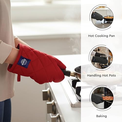 Image of Encasa XO 100% Cotton Apron Set for Women & Men with Adjustable Apron, Oven Gloves & Pot Holder (Pack of 3) Combo, Heat-Resistant, Soft & Durable for Cooking, Baking & Grilling (Red)