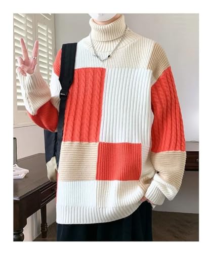 Men's High Neck Sweater Patchwork Knitwear Pullover Loose Fit Casual Winter Outfit Warm Long Sleeve Top4