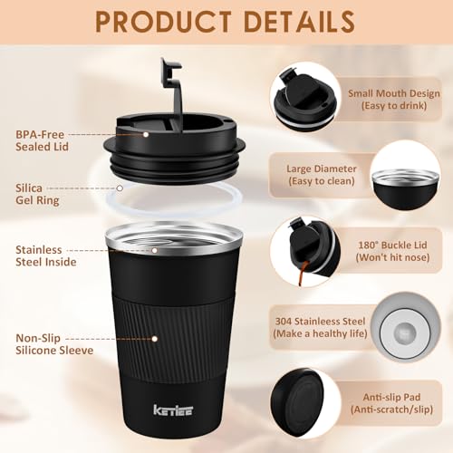 KETIEE Thermobecher Kaffeebecher to Go 13oz/380ml Edelstahl Kaffee-to-go Becher Thermo, Vakuum auslaufsicher Isolierbecher mit Deckel, Autobecher doppelwandig isoliert coffee-to-go becher, Schwarz – Bild 2