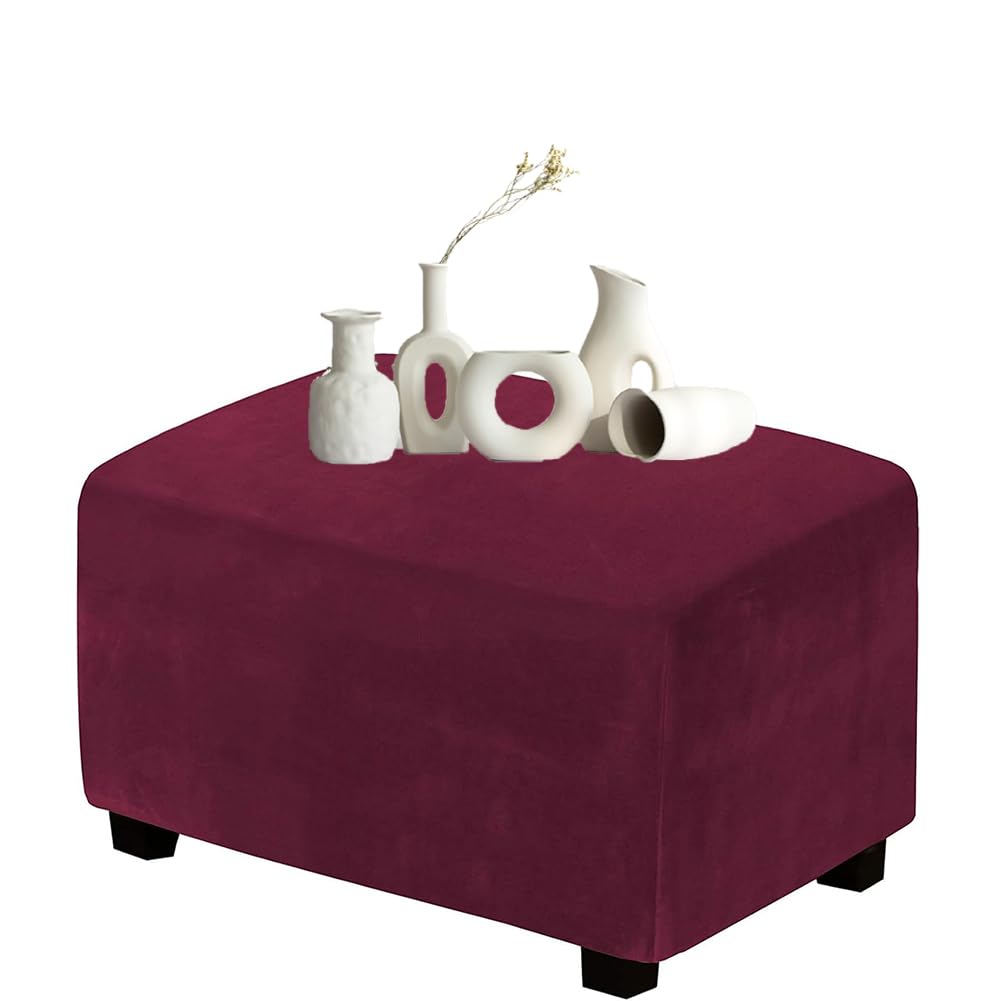 DMBAOD Footstool Cover, Stretch Rectangular Velvet Footstool Cover for Living Room Footstool, Folding Storage Furniture Cover with Elastic Bottom（Only sell stool covers） Wine Red Large