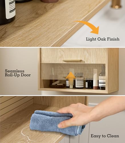 Image of ZttRiee Bathroom Wall Cabinet, Medicine Cabinet with Roll-Up Door & 3 Shelves, Over The Toilet Wall-Mounted Storage Cabinet, Natural