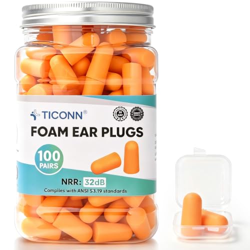 Image of TICONN Foam Ear Plugs, Hunting Earplugs 32dB NRR Noise Reduction Ear Plugs for Sleeping Fishing Passive Hearing Protection Travel Study Concentration (100 Pairs Bulk Pack)