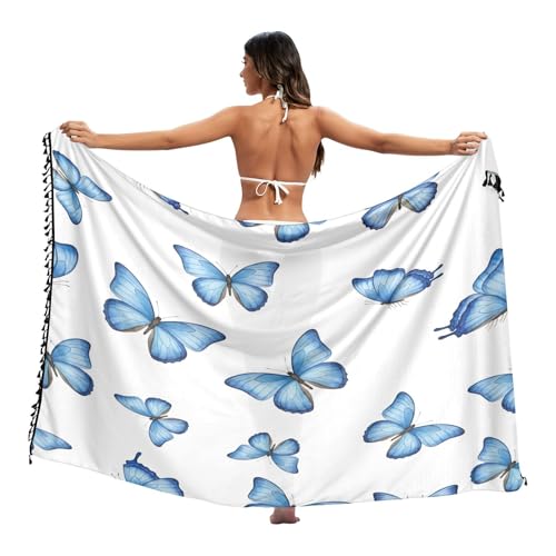 RPLIFE Strand-Sarong mit blauen Schmetterlingen, Aquarell, Weiß, Sarong mit Fransen für Sommer, Strand/Pool, Größe L, Blaue Schmetterlinge,...