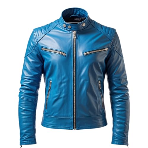 Men Blue Real Leather Cafe Racer Jacket Zipper Closure Quilted Shoulder Panels Stylish Modern Moto Fashion
