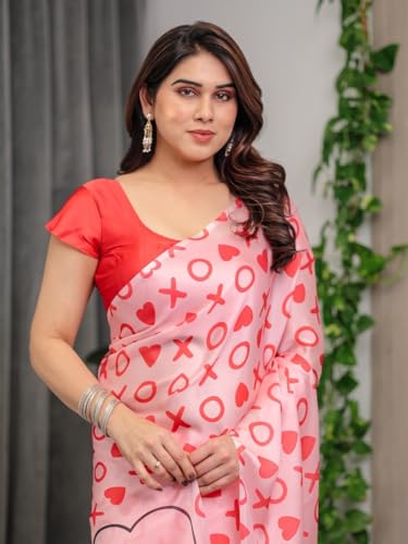 Image of ALMAARI FASHION Women's Floral Printed Georgette Satin Saree with Unstitched Blouse Piece | Traditional Ethnic Wear Sarees | Soft Lightweight Ethnic Office Wear Daily Wear Indian Sari (SG 151-160 H)