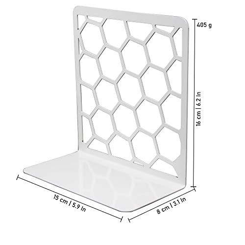 Image of Spillbox Metal Non Slip Bookends Book Shelves | Shelf | Study Table | Home Decor | Holders | Case | Bracket | Stand | Heavy Duty | Set | Book Ends for Office, Home - White Hexagon