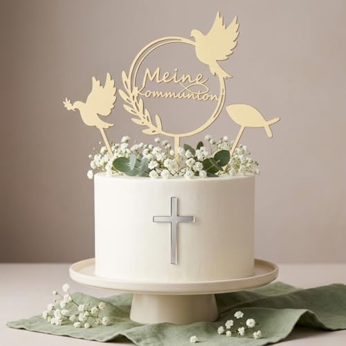 3Stück Tortendeko Kommunion Tortendeko Cake Topper Kommunion Deko Torte Konfirmation Holz Erstkommunion Deko Torten Taube Fisch Kuchen Tortenstecker Set Tortenaufleger Geschenke für Junge Mädchen (A)